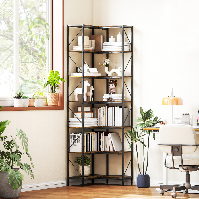  Biblioteca de Colt Industriala cu 7 Nivele, din Lemn si Otel, 60x60x198 cm, Maro Rustic [9]