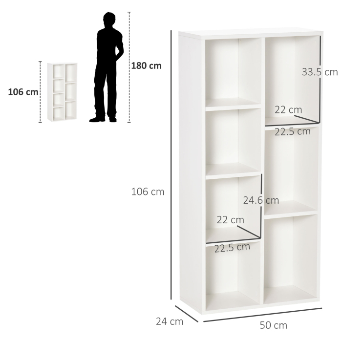  Biblioteca din Lem Stil Vintage Cubica cu 7 Suporturi Diferite din MDF pentru Casa si Birou, 50x24x106 cm, Alb [3]
