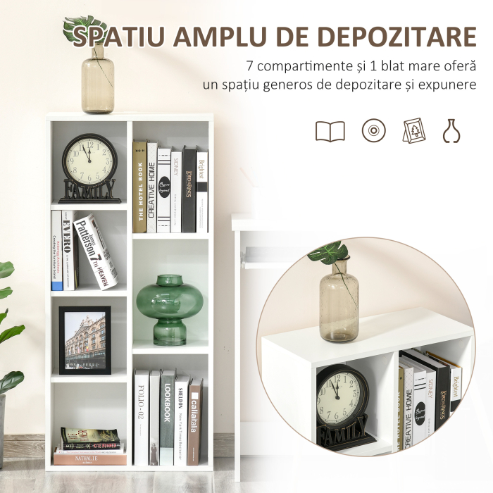  Biblioteca din Lem Stil Vintage Cubica cu 7 Suporturi Diferite din MDF pentru Casa si Birou, 50x24x106 cm, Alb [5]