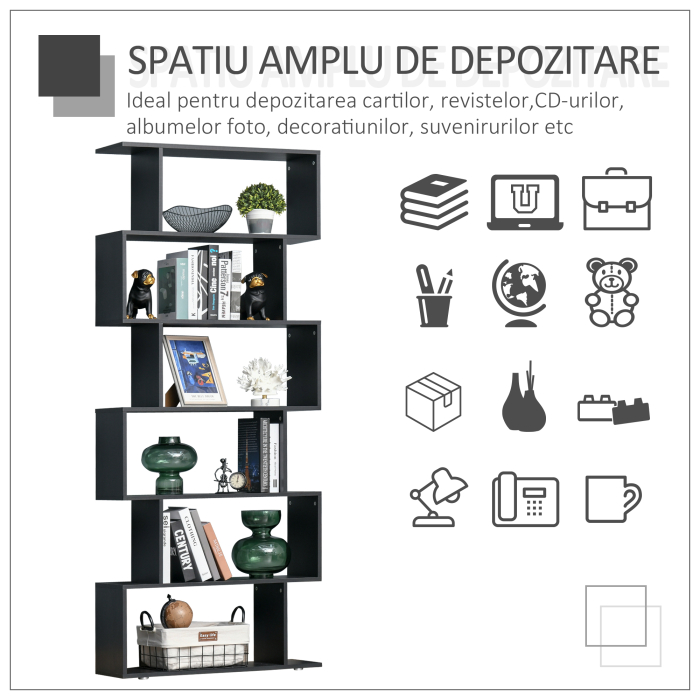  Biblioteca din Lemn cu 6 Rafturi, 80x24x191 cm, Negru [4]