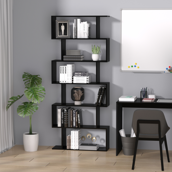  Biblioteca din Lemn, Design Modern cu 6 Rafturi, 80x23x192 cm, Negru [2]