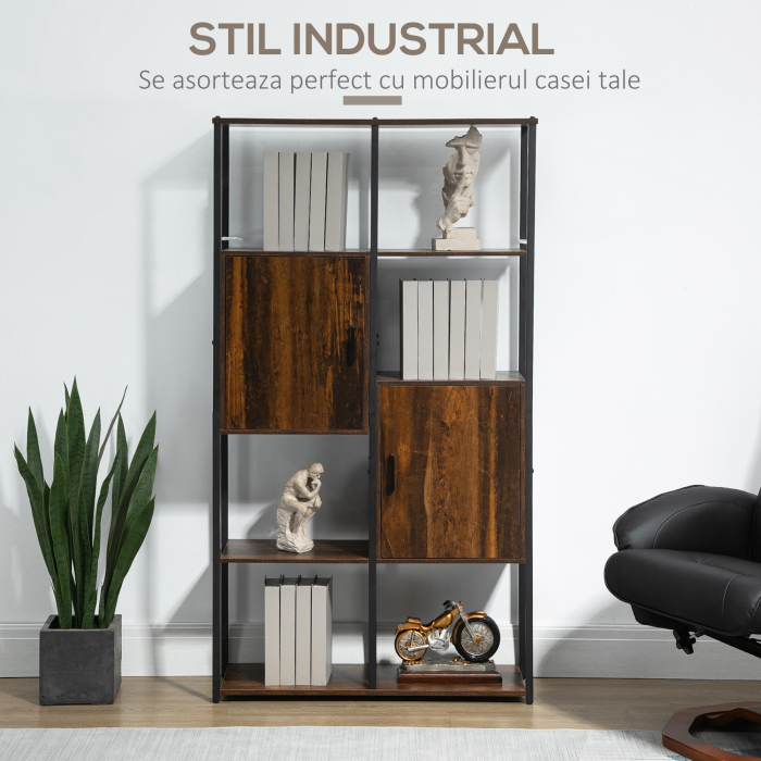  Biblioteca in stil industrial modern cu 4 rafturi si 2 dulapuri, rafturi din metal si lemn pentru casa si birou, 90x30x159,5 cm, negru si maro [4]