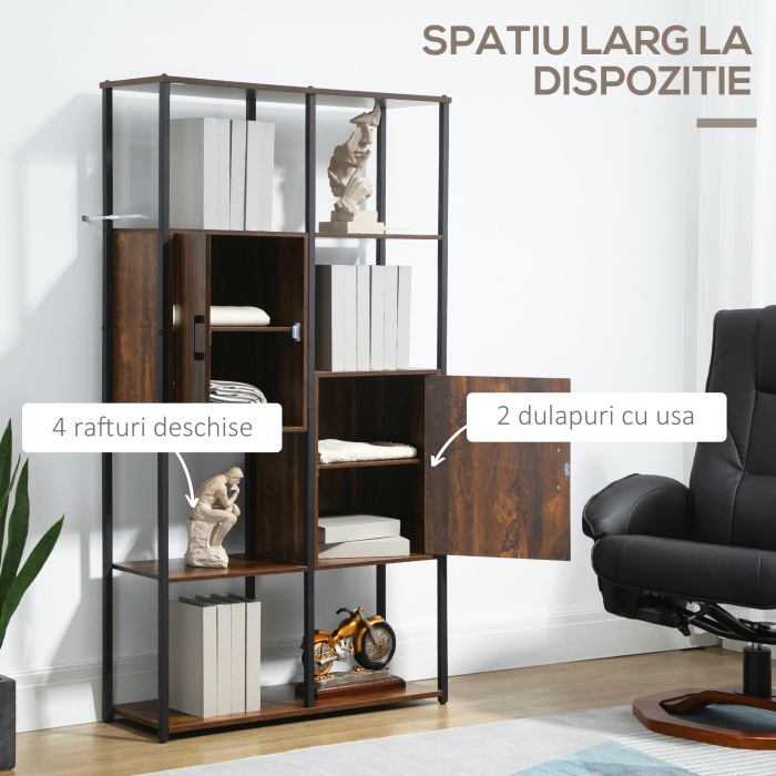 Biblioteca in stil industrial modern cu 4 rafturi si 2 dulapuri, rafturi din metal si lemn pentru casa si birou, 90x30x159,5 cm, negru si maro [5]