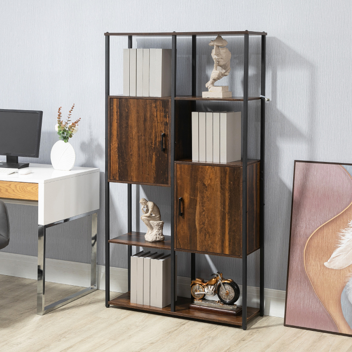  Biblioteca in stil industrial modern cu 4 rafturi si 2 dulapuri, rafturi din metal si lemn pentru casa si birou, 90x30x159,5 cm, negru si maro [2]