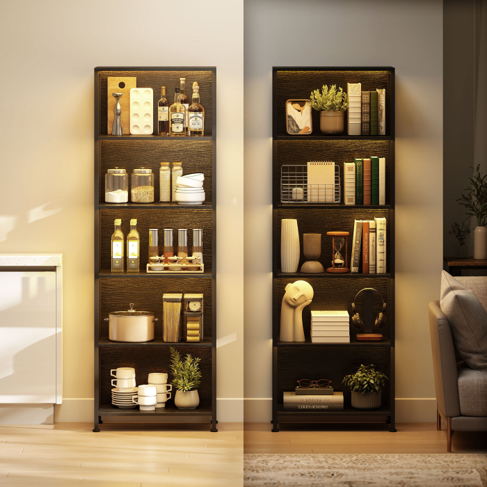  Biblioteca Industriala cu 5 Rafturi si Iluminare LED, din Metal si Lemn, 60x30x179 cm, Negru [7]
