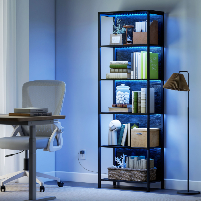  Biblioteca Industriala cu 5 Rafturi si Iluminare LED, din Metal si Lemn, 60x30x179 cm, Negru [2]