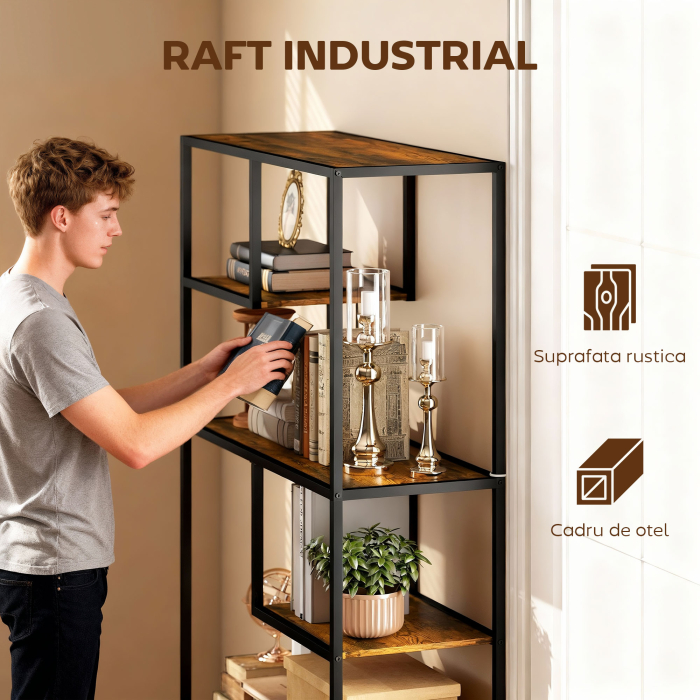  Biblioteca Mobila cu 7 Nivele din Lemn si Otel in Stil Industrial, 83x34x180 cm, Maro [4]