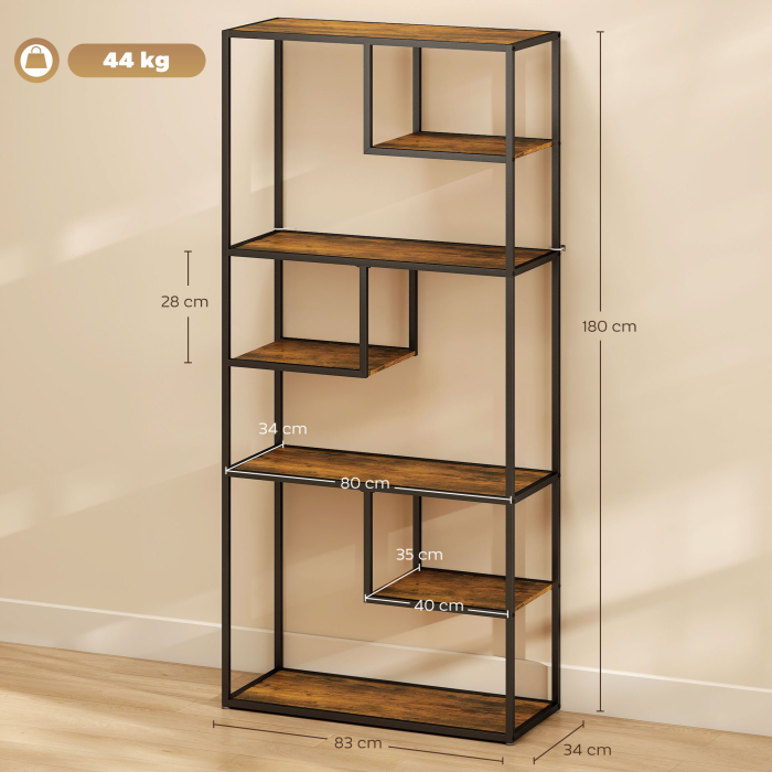  Biblioteca Mobila cu 7 Nivele din Lemn si Otel in Stil Industrial, 83x34x180 cm, Maro [3]