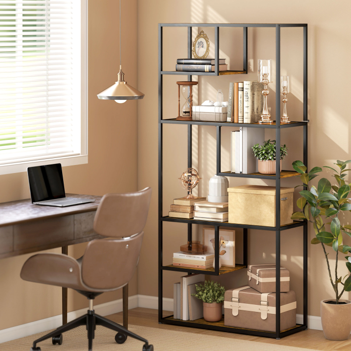  Biblioteca Mobila cu 7 Nivele din Lemn si Otel in Stil Industrial, 83x34x180 cm, Maro [2]