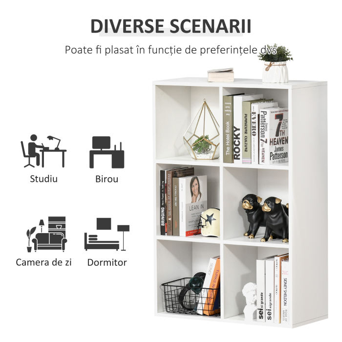  Biblioteca Moderna cu 6 Cuburi in Lemn, 65.5x30x97.5 cm, Alb [6]