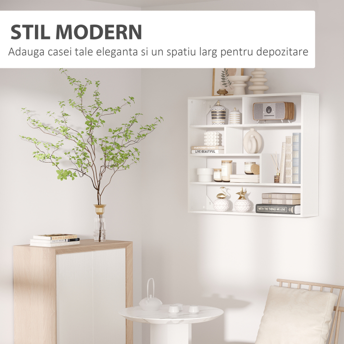  Biblioteca moderna de perete cu 4 niveluri , raft din lemn care economiseste spatiu pentru living si birou, 94x19,5x80cm, alb [4]