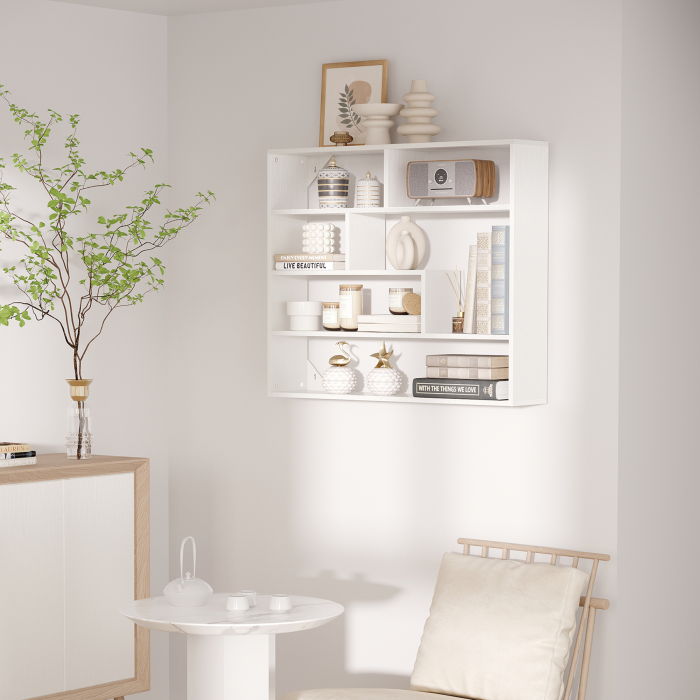  Biblioteca moderna de perete cu 4 niveluri , raft din lemn care economiseste spatiu pentru living si birou, 94x19,5x80cm, alb [2]