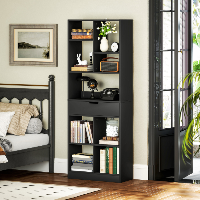  Biblioteca Moderna din Lemn cu Sertar Central si Kit Antirasturnare, 60x26x158 cm, Negru [7]