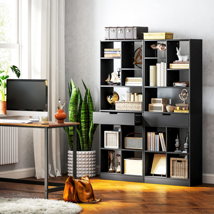  Biblioteca Moderna din Lemn cu Sertar Central si Kit Antirasturnare, 60x26x158 cm, Negru [6]
