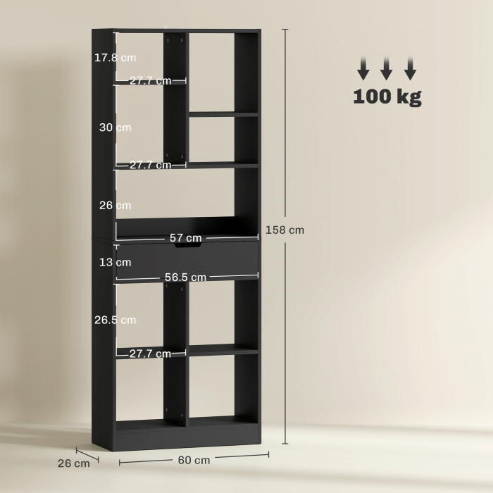  Biblioteca Moderna din Lemn cu Sertar Central si Kit Antirasturnare, 60x26x158 cm, Negru [3]