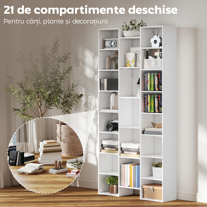  Biblioteca Moderna din Lemn, inaltime 181 cm, cu 21 Compartimente si 10 Rafturi Reglabile, Alb [4]