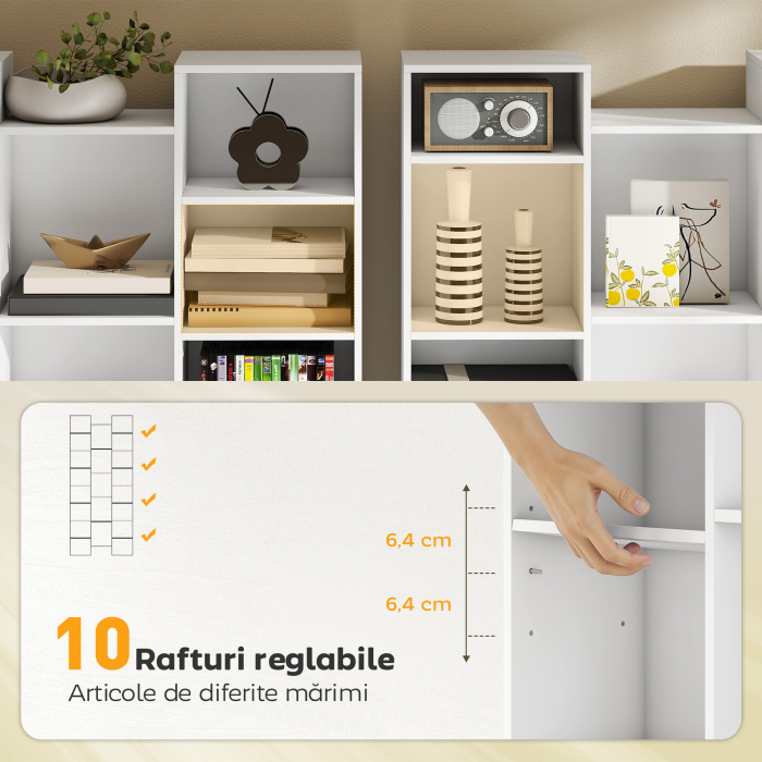  Biblioteca Moderna din Lemn, inaltime 181 cm, cu 21 Compartimente si 10 Rafturi Reglabile, Alb [5]