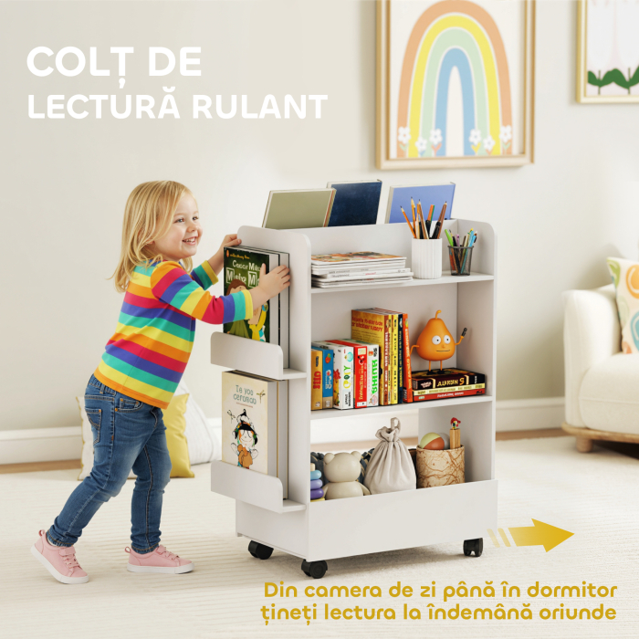  Biblioteca pentru Copii 3-8 Ani pe Doua Parti, Raft de Jucarii cu Roti si Tabla Neagra, Alb [5]