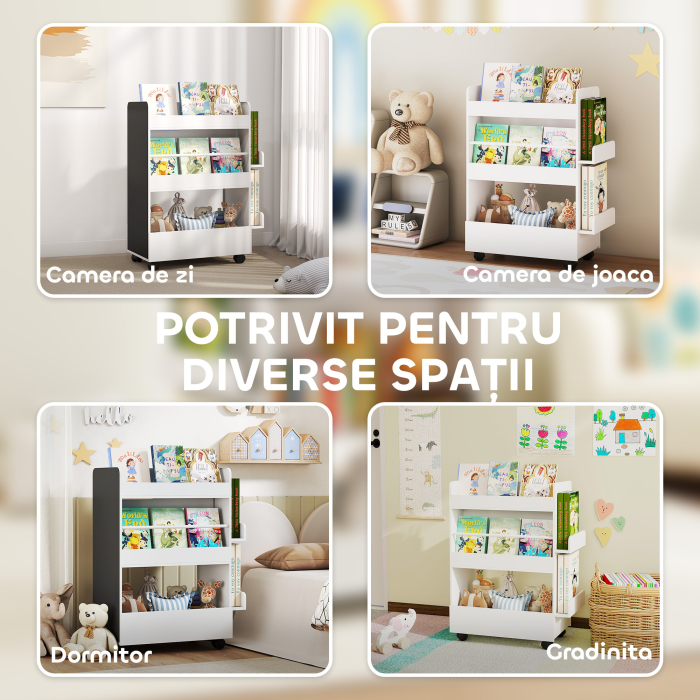  Biblioteca pentru Copii 3-8 Ani pe Doua Parti, Raft de Jucarii cu Roti si Tabla Neagra, Alb [9]