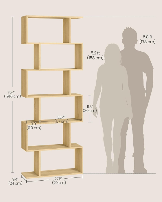 Biblioteca pentru living, dormitor sau birou, cu 6 rafturi pentru organizarea cartilor si expunerea decoratiunilor, design geometric, 70x24x192 cm, ma [2]