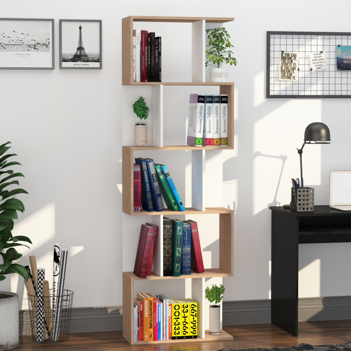  Biblioteca Perete - 5 Rafturi Lemn Alb 60×24×184,5 cm [2]
