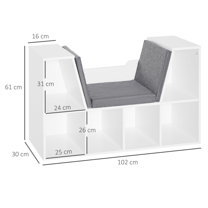  Biblioteca Raft 2 in 1 cu Perne Moi si 6 Compartimente, Mobilier Multifunctional pentru Carti si Jocuri, Raft cu 6 Cuburi pentru Living, Dormitor si Birou, 102x30x61 cm, Alb [3]