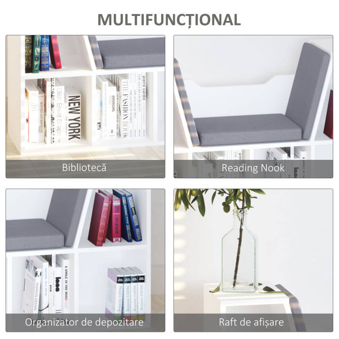  Biblioteca Raft 2 in 1 cu Perne Moi si 6 Compartimente, Mobilier Multifunctional pentru Carti si Jocuri, Raft cu 6 Cuburi pentru Living, Dormitor si Birou, 102x30x61 cm, Alb [5]