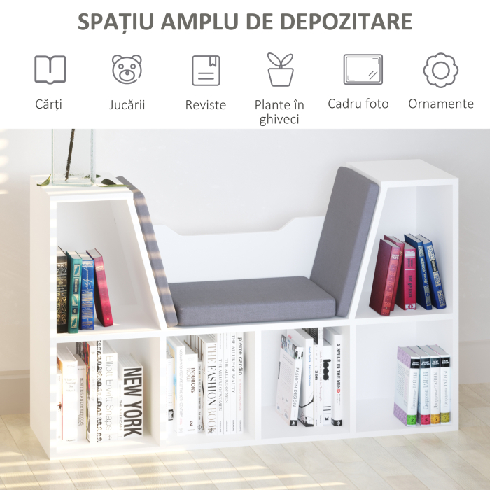  Biblioteca Raft 2 in 1 cu Perne Moi si 6 Compartimente, Mobilier Multifunctional pentru Carti si Jocuri, Raft cu 6 Cuburi pentru Living, Dormitor si Birou, 102x30x61 cm, Alb [4]