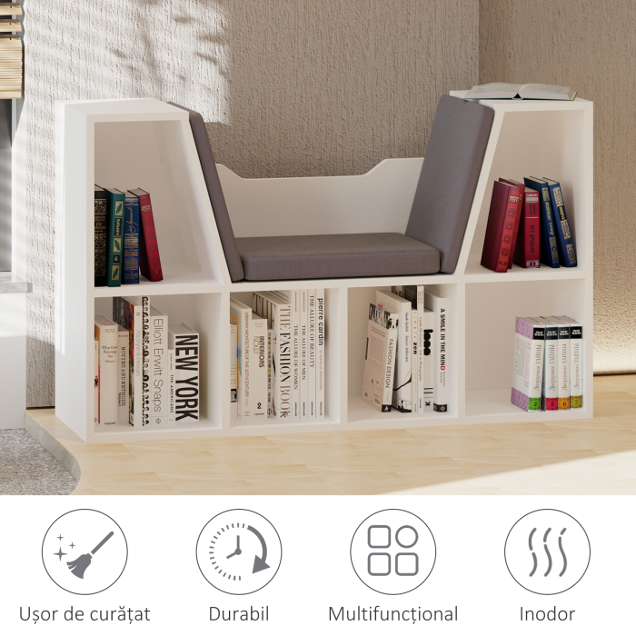  Biblioteca Raft 2 in 1 cu Perne Moi si 6 Compartimente, Mobilier Multifunctional pentru Carti si Jocuri, Raft cu 6 Cuburi pentru Living, Dormitor si Birou, 102x30x61 cm, Alb [7]