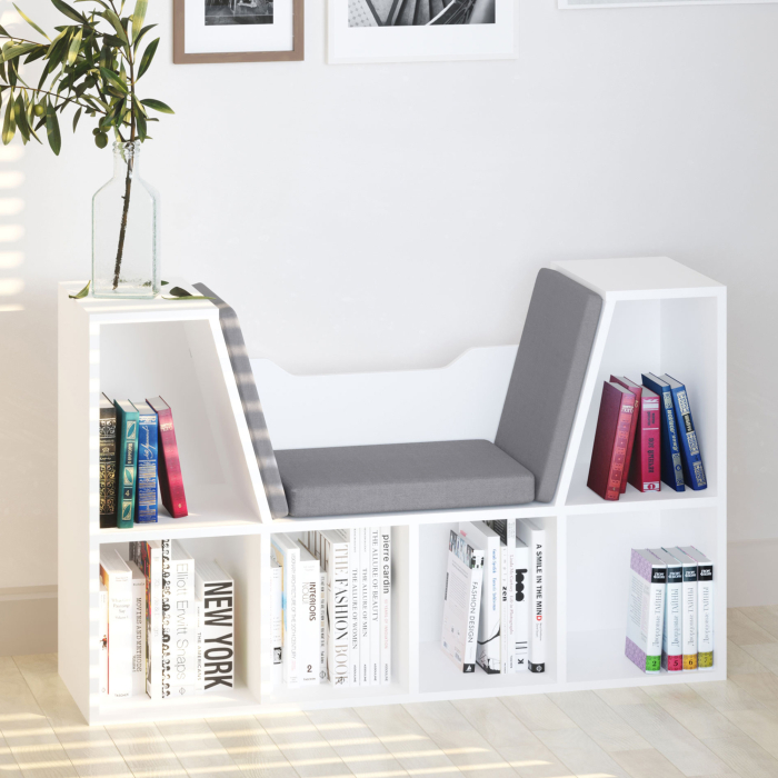  Biblioteca Raft 2 in 1 cu Perne Moi si 6 Compartimente, Mobilier Multifunctional pentru Carti si Jocuri, Raft cu 6 Cuburi pentru Living, Dormitor si Birou, 102x30x61 cm, Alb [2]