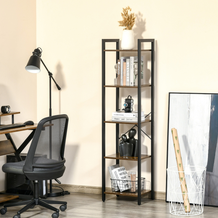 Biblioteca stil industrial cu 5 rafturi din lemn si otel, 40x30x154cm - Maro rustic [2]