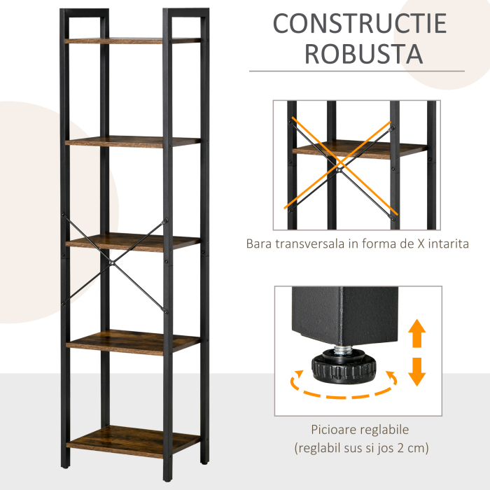 Biblioteca stil industrial cu 5 rafturi din lemn si otel, 40x30x154cm - Maro rustic [5]