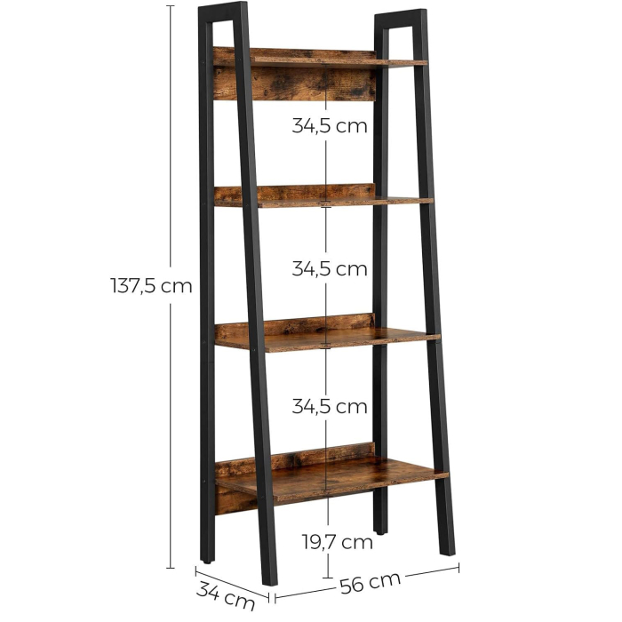 Biblioteca tip scara, cadru otel cu 4 polite din MDF, stil industrial, 56x34x138cm, maro rustic si negru [10]