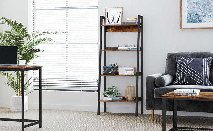 Biblioteca tip scara, cadru otel cu 4 polite din MDF, stil industrial, 56x34x138cm, maro rustic si negru [2]