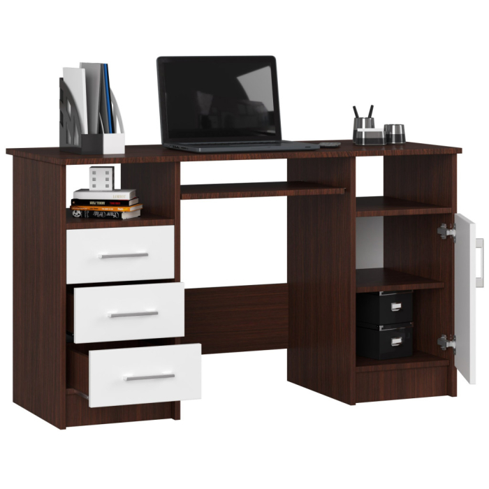 Birou computer pal 3 sertare si dulap, 124x52x74 cm, polita tastatura, maro wenge si alb [2]