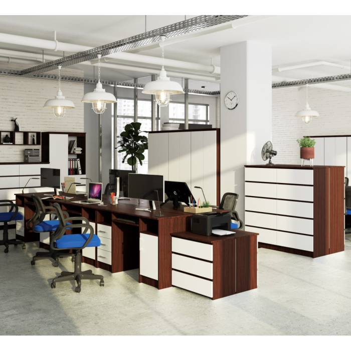 Birou computer pal 3 sertare si dulap, 124x52x74 cm, polita tastatura, maro wenge si alb [5]