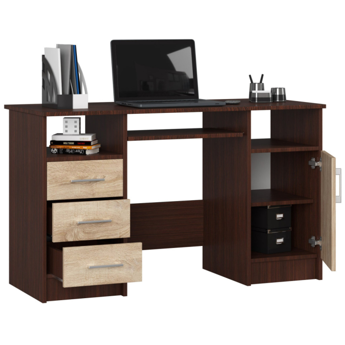 Birou computer pal 3 sertare si dulap, 124x52x74 cm, polita tastatura, wenge si stejar sonoma [2]