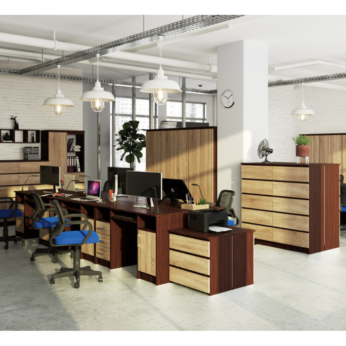 Birou computer pal 3 sertare si dulap, 124x52x74 cm, polita tastatura, wenge si stejar sonoma [5]