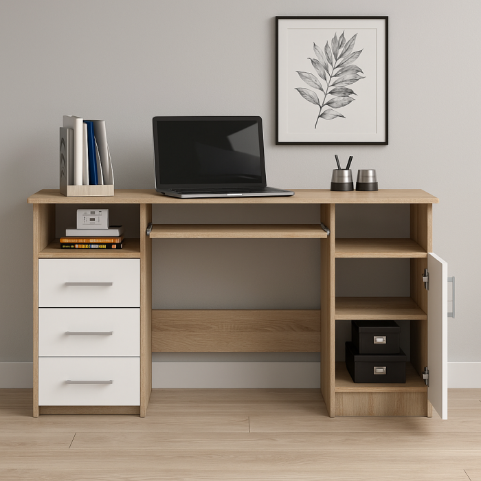 Birou ANA pentru calculator, cu 3 sertare si 1 usa, 124x52x74 cm, stejar sonoma si alb [7]