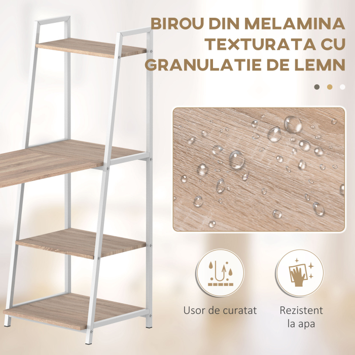  Birou Biblioteca 4 Rafturi Blat Mare Pliabil Lemn Metal Alb Stejar [6]