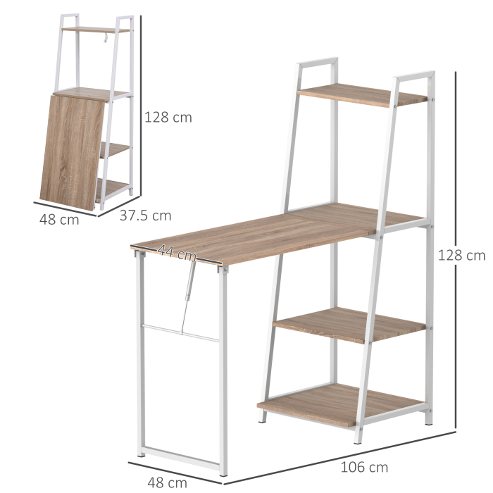  Birou Biblioteca 4 Rafturi Blat Mare Pliabil Lemn Metal Alb Stejar [3]