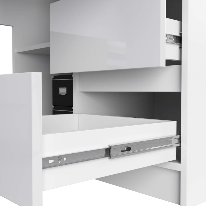 Birou colt dreapta in L cu 3 sertare si rafturi, fronturi din MDF lucios, 155x85x77 cm, alb lucios [6]