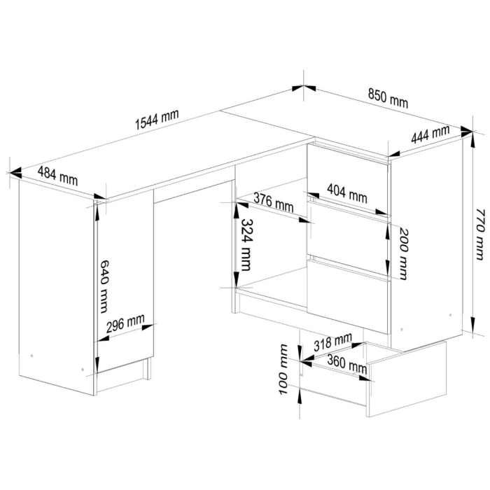 Birou colt dreapta in L cu 3 sertare si rafturi, PAL laminat 16 mm, 155x85x77 cm, alb [2]