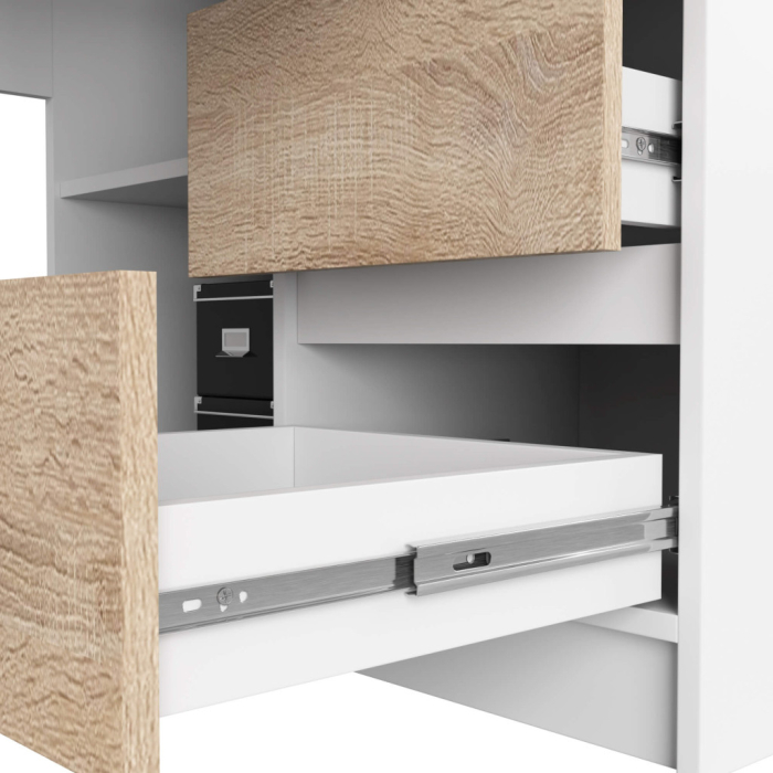 Birou colt dreapta in L cu 3 sertare si rafturi, PAL laminat 16 mm, 155x85x77 cm, alb si stejar sonoma [6]