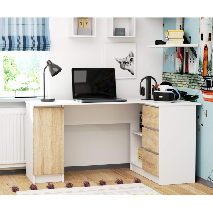 Birou colt dreapta in L cu 3 sertare si rafturi, PAL laminat 16 mm, 155x85x77 cm, alb si stejar sonoma [5]