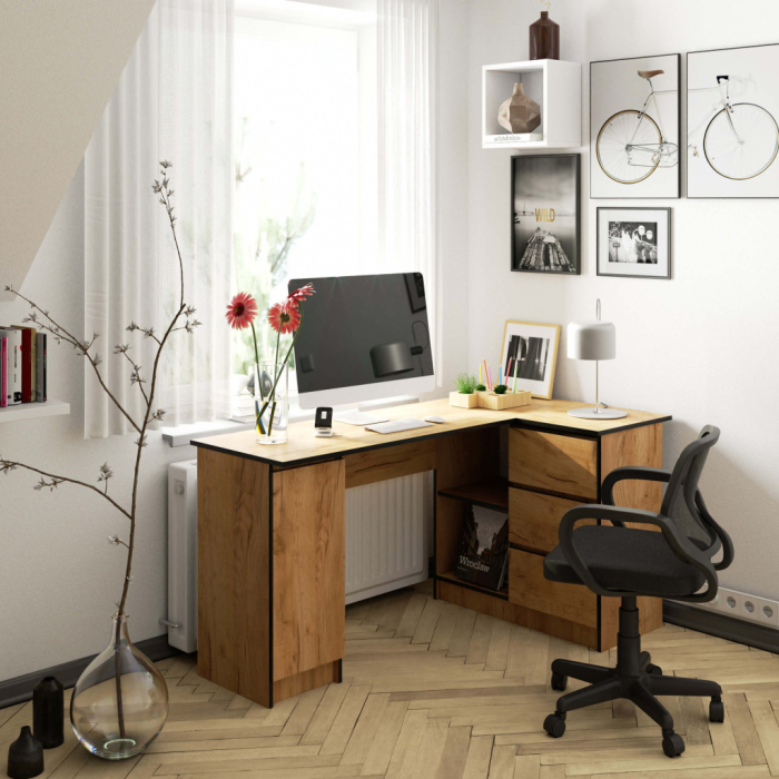 Birou colt dreapta in L cu 3 sertare si rafturi, PAL laminat 16 mm, 155x85x77 cm, stejar craft [2]