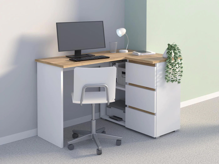 Birou colt Norge cu 3 sertare si 2 rafturi, 124x89x75 cm, alb si stejar [2]