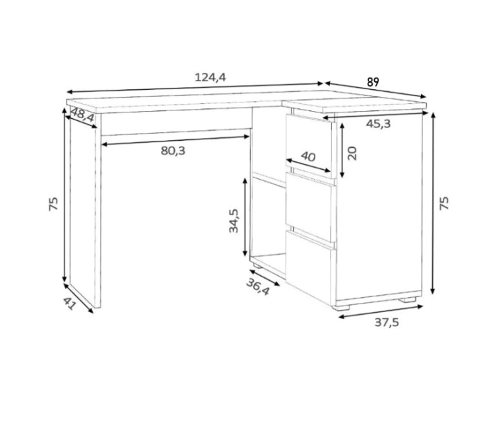Birou colt Norge cu 3 sertare si 2 rafturi, 124x89x75 cm, alb si stejar [4]