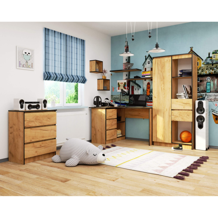 Birou colt stanga, cu 3 sertare si rafturi, PAL laminat, 124x85x77 cm, stejar craft [5]