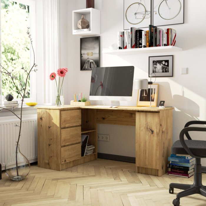 Birou colt stanga in L cu 3 sertare si rafturi, PAL laminat 16 mm, 155x85x77 cm, stejar artisan [4]